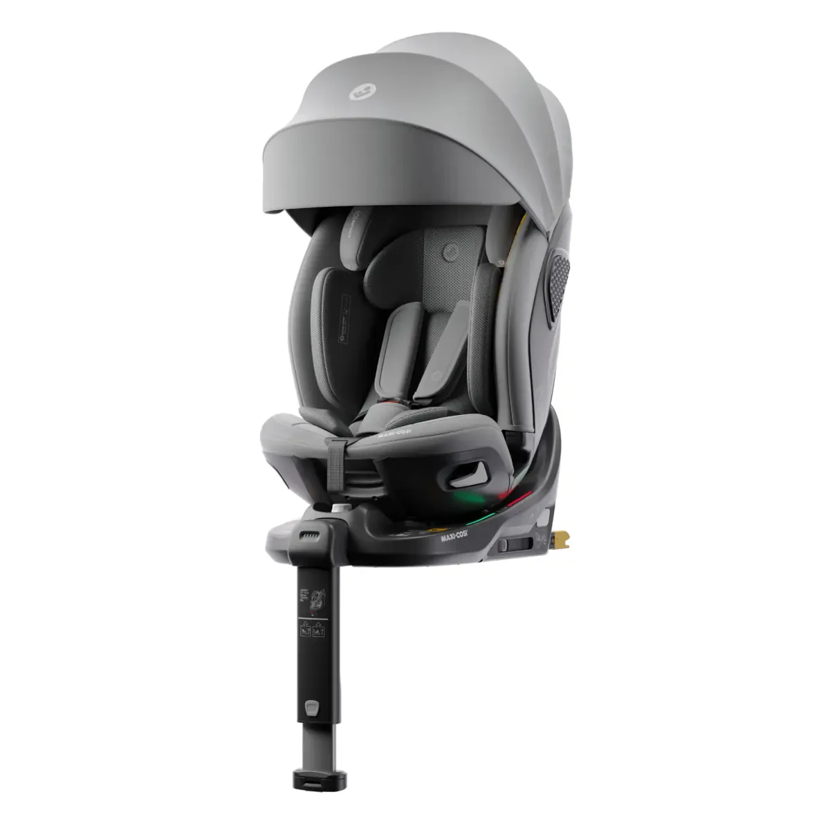 Render of a rotating car seat in light grey with its canopy out, on its ISOFIX base with the support leg extended.