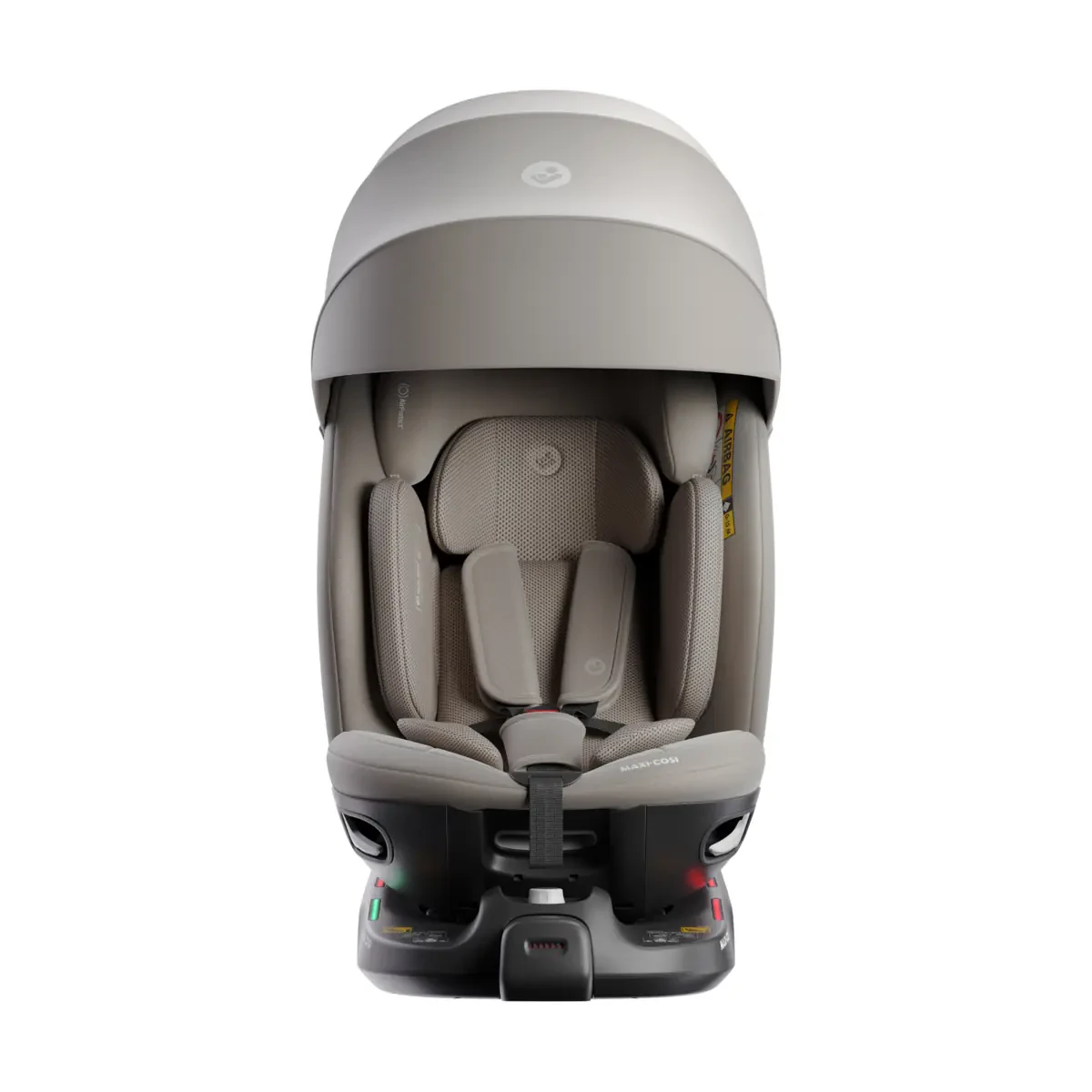 Front render of the car seat in warm beige with its canopy pulled over the headrest.