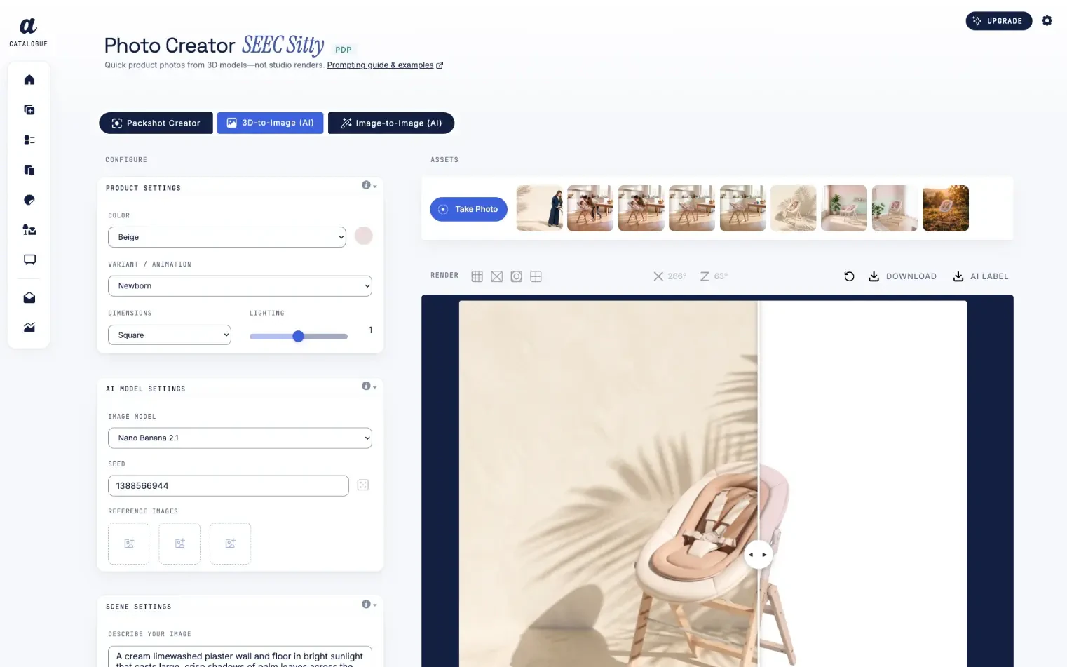 ARkid Creator inside the Catalogue: product, AI model and scene settings on the left, a strip of generated assets and a before-and-after render of a high chair on the right.