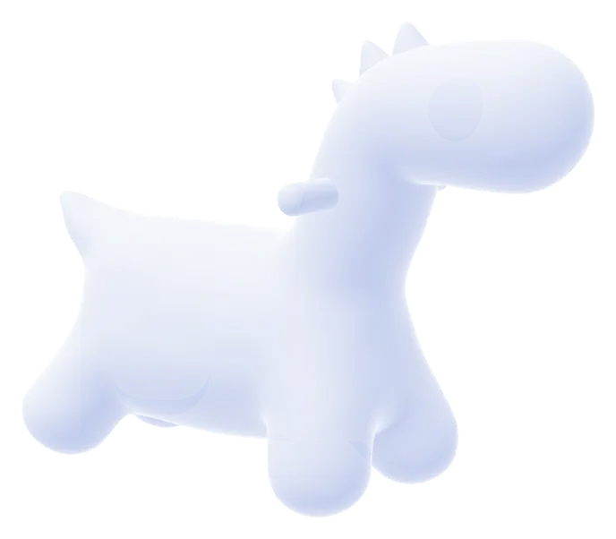 The 3D twin of a ride-on dinosaur toy, in translucent white