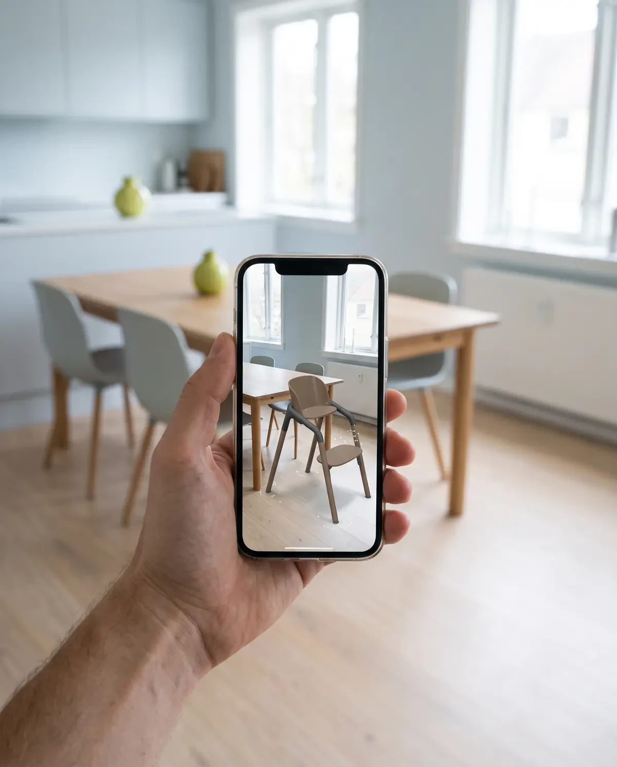 A hand holds a phone in a bright kitchen; on the screen a high chair stands at the dining table in AR, while the real spot at the table is still empty.