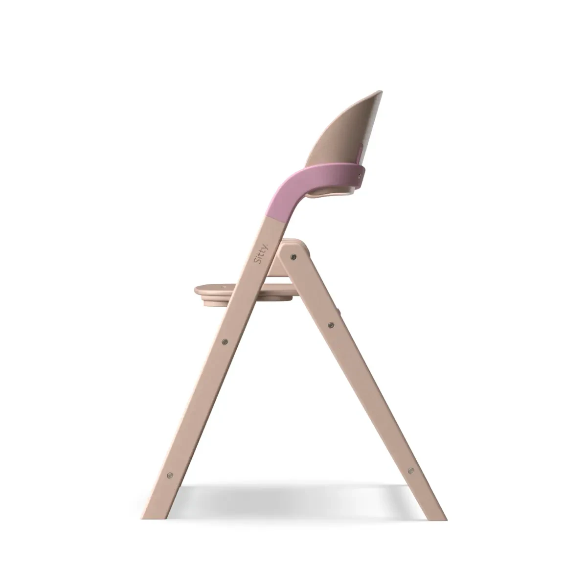 Side render of the Sitty high chair in whitewashed wood with a pink backrest bracket, on white.