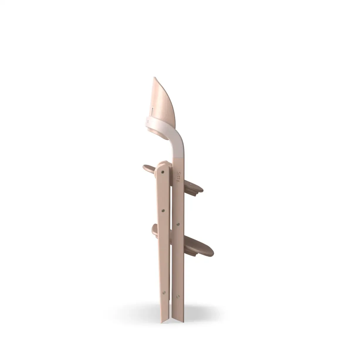 Render of the Sitty high chair folded flat and standing upright, legs and footrests closed together.