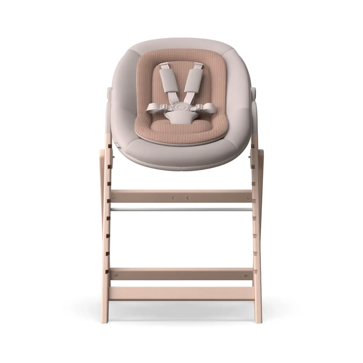 Front render of the Sitty high chair with the newborn seat fitted: rose cushion, knitted insert and five-point harness.