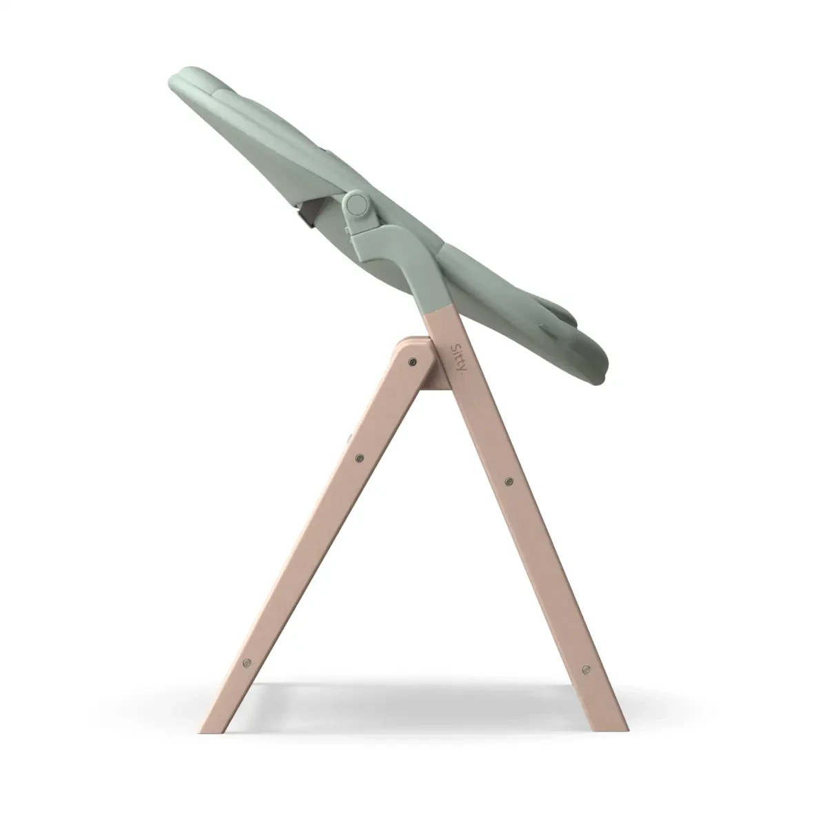 Side render of the Sitty with the newborn seat in sage green, fully reclined on its wooden A-frame.