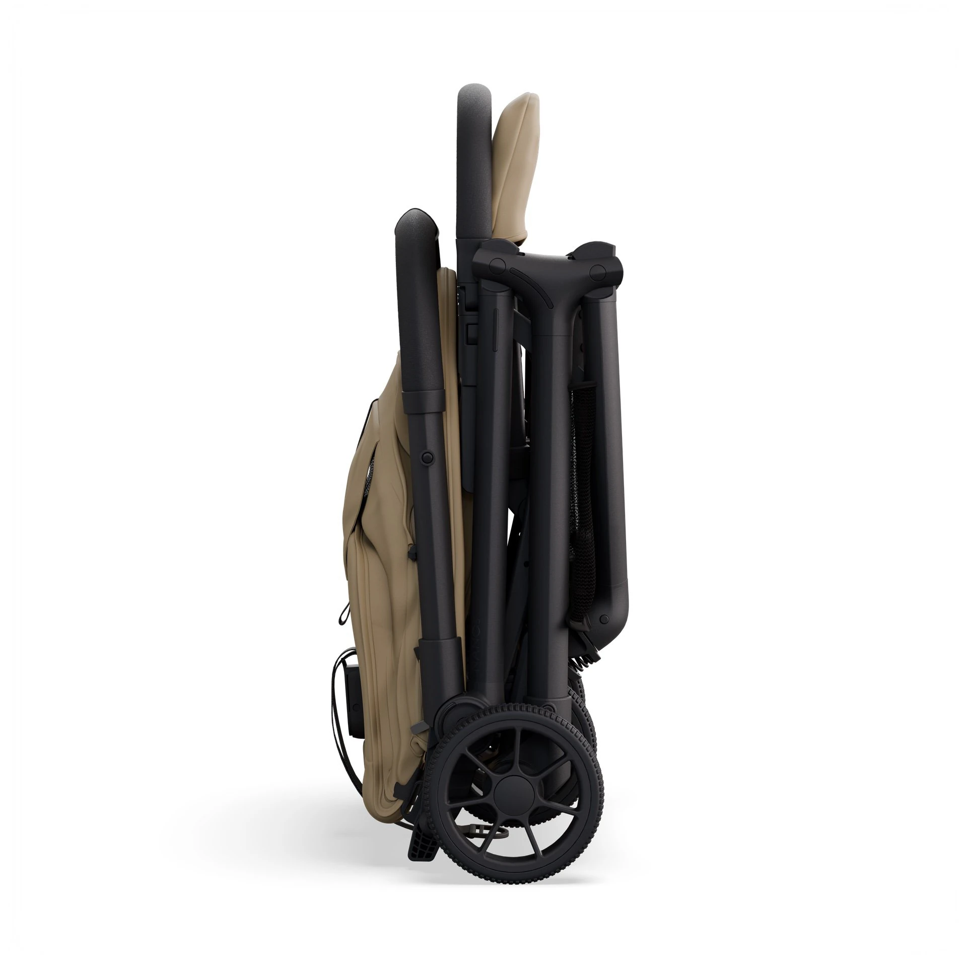 Render of the Nano 5 in sand, folded and standing upright on its wheels.