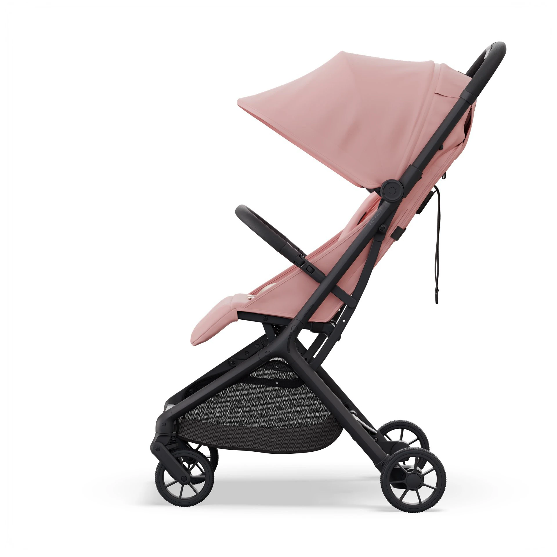 Render of the SEEC Nano 5 stroller in pink from the side, on white.