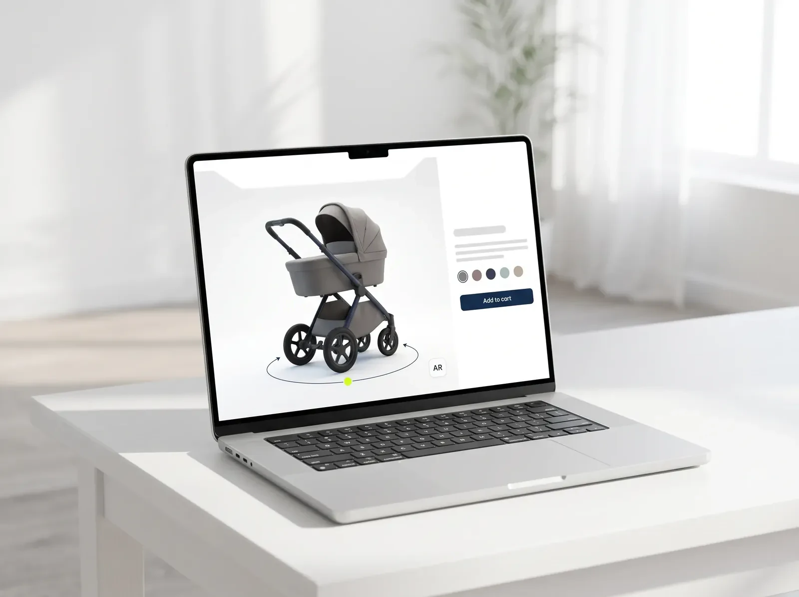A laptop on a white desk shows a product page: a 3D stroller with a rotation ring and an AR button, colour swatches and an Add to cart button