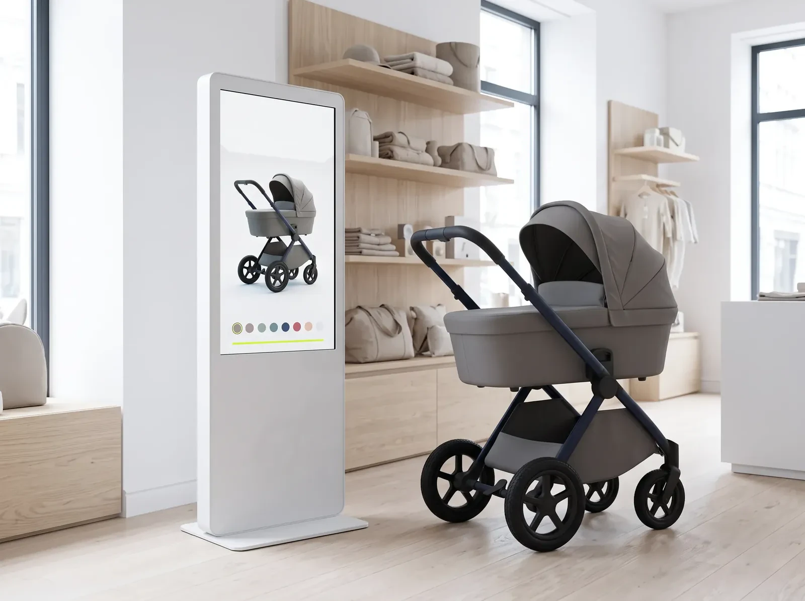 A free-standing touchscreen in a baby store shows a stroller with a row of colour swatches; the same stroller stands on the shop floor beside it