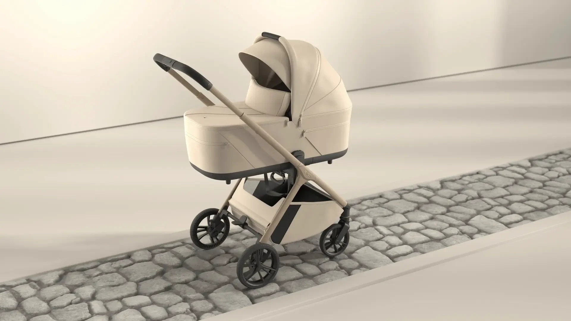 The Venicci Tila pushchair with its carrycot on a cobbled path, rendered from the 3D master